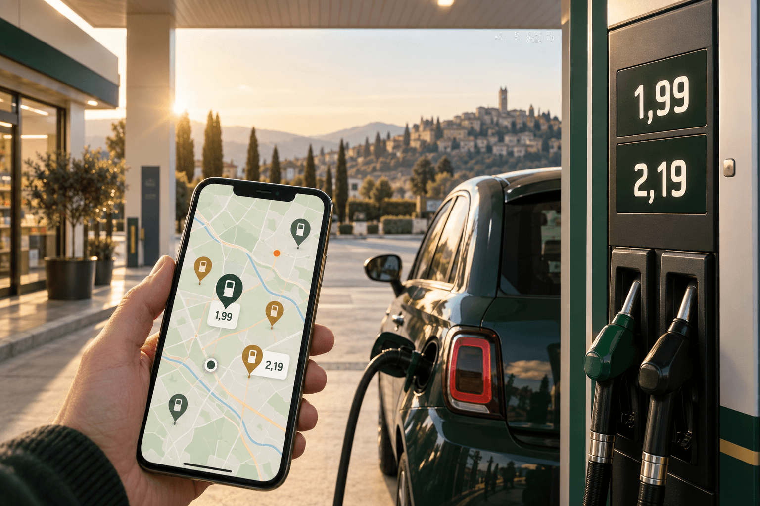 Automobilista che cerca su una mappa i distributori con benzina a 1,99 euro e gasolio a 2,19 euro