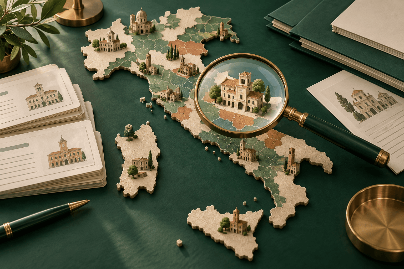 Mappa d'Italia, edifici comunali e lente per cercare gli enti aderenti alla Rottamazione-quinquies